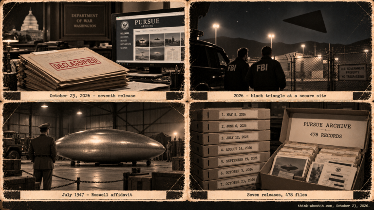 Four vintage-style panels: the PURSUE archive desk, a black triangle at a secure site, the Roswell hangar in 1947 and seven stacked file boxes for 478 records.